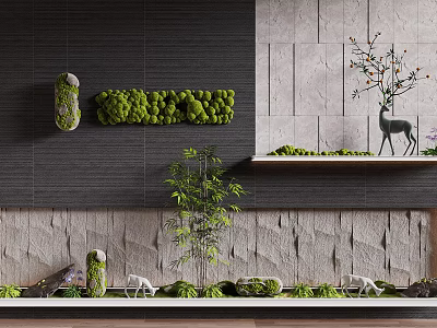 Natural Stone Feature Wall With Moss Decorations Bamboo Plants And Deer Ornaments 3d model