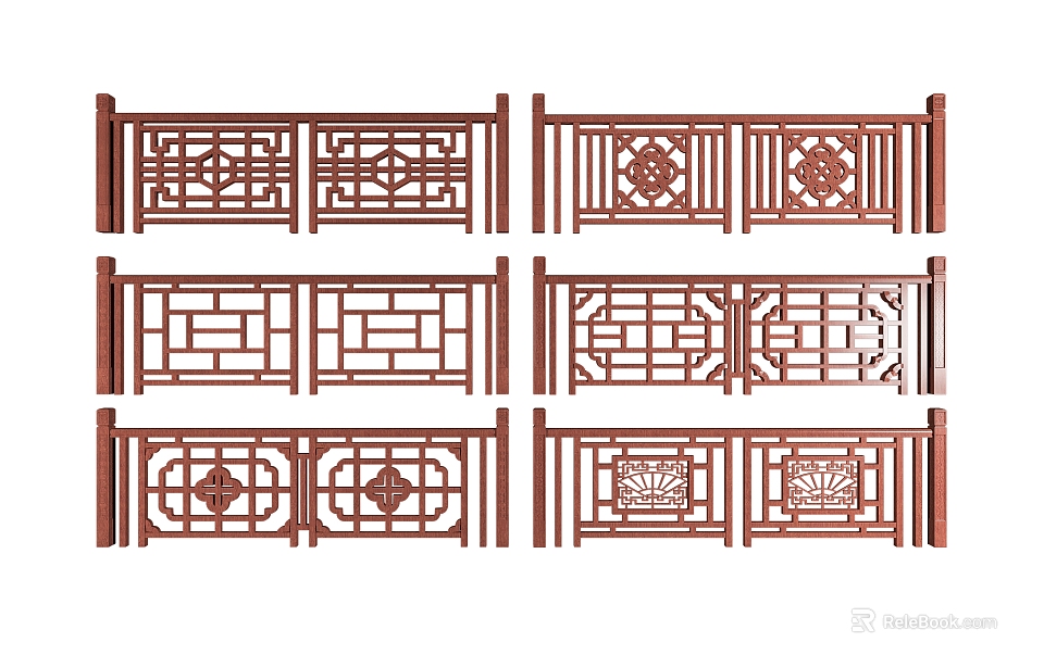 Traditional Chinese Wooden Railings With Multiple Intricate Carving Patterns And Designs 3d model 