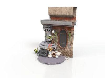 Miniature Architectural Scene Component With Brick Structure Round Window Gear Base And Plants 3d model