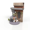 Miniature Architectural Scene Component With Brick Structure Round Window Gear Base And Plants