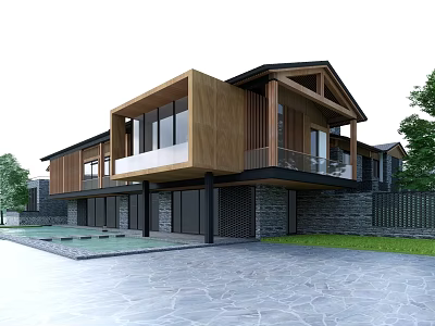 Modern Guesthouse Architecture With Wooden Facade Large Glass Windows Stone Walls And Courtyard Greenery 3d model
