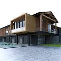 Modern Guesthouse Architecture With Wooden Facade Large Glass Windows Stone Walls And Courtyard Greenery