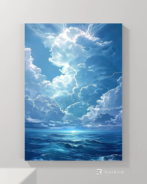 Vibrant Ocean Sky Landscape Painting With Fluffy Clouds And Sparkling Sunlight 3d model 