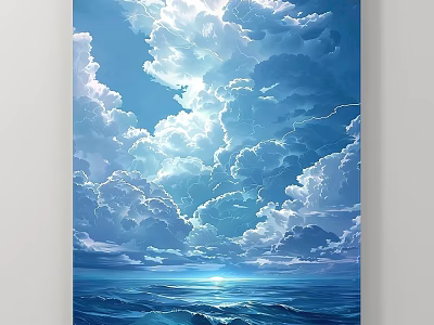 Vibrant Ocean Sky Landscape Painting With Fluffy Clouds And Sparkling Sunlight 3d model