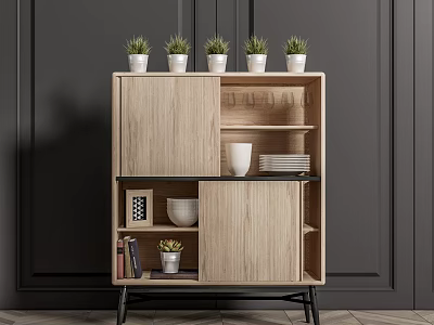 Light Wood Sideboard With Black Legs Open Shelves And Potted Plants On Top 3d model