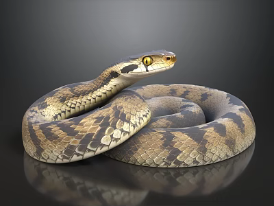 Coiled Brown And Black Patterned Snake With Yellow Eyes On Shiny Surface 3d model