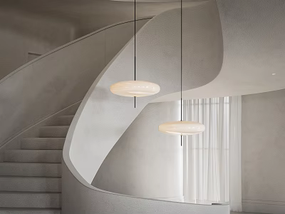 Elegant Modern Spiral Staircase Interior Space With Two Round Pendant Lights 3d model
