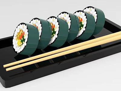 Green Sushi Rolls With Vegetables And Rice On Black Tray With Chopsticks 3d model