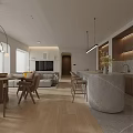 Warm Minimalist Open Concept Living And Dining Room Interior Design With Stone Kitchen Island