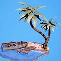 Idyllic Wooden Boat Scene With Palm Tree Water And Sand Beach