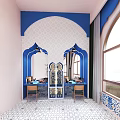 Wedding Venue Decor With Blue Wall Pink Arches Sofa And Potted Plant
