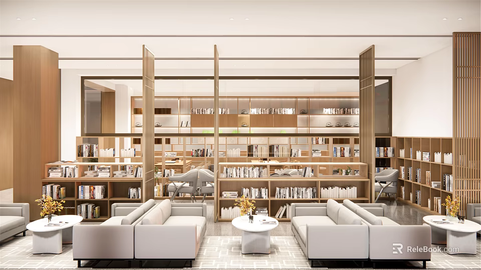 Book Art Modern Interior Design With Spacious Bookshelves Filled With Books And Sofas 3d model 