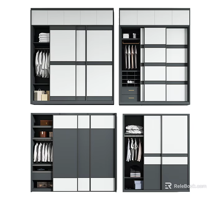 Modern Wardrobe Interior Designs With Mirror Doors Open Shelves And Storage Drawers 3d model 