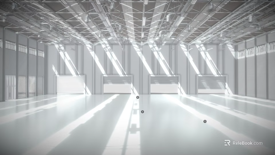 Spacious Bright Industrial Warehouse Interior With High Ceilings Metal Structure Large Windows And White Flooring 3d model 