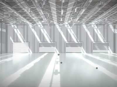Spacious Bright Industrial Warehouse Interior With High Ceilings Metal Structure Large Windows And White Flooring 3d model