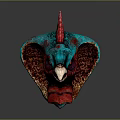 Mythical Creature Head Design With Turquoise Red Spiked Crest Large Ears And Beak