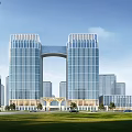 Modern Office Complex with Glass Curtain Walls Greenery and Water Feature in Urban Area