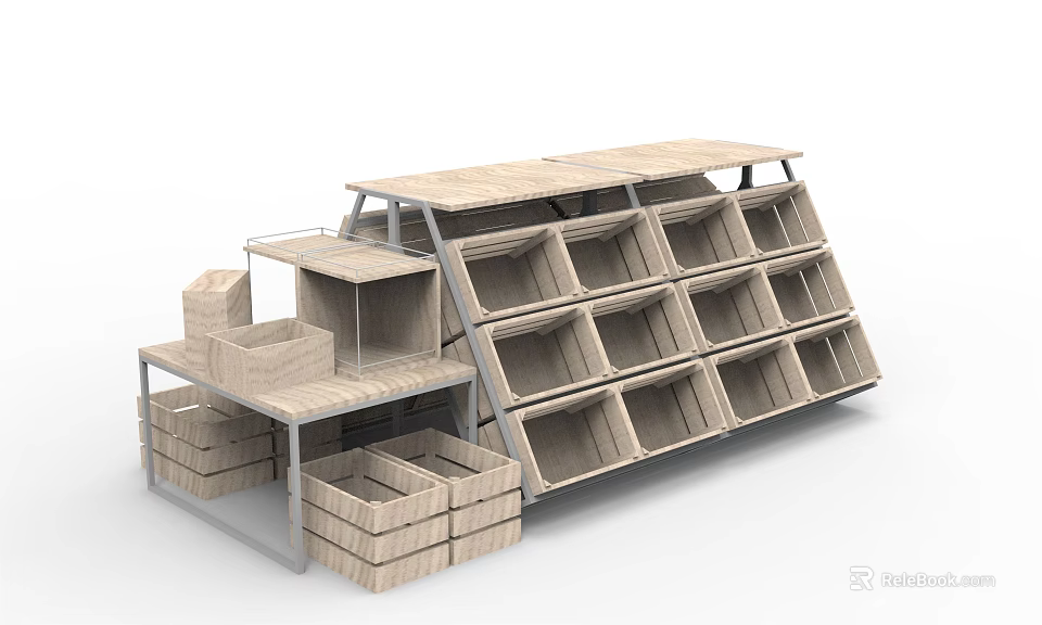 Wooden Display Shelves With Multi Level Compartments And Storage Baskets For Retail Store 3d model