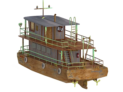 Vintage Wooden Boat With Two Decks Railings Ladder Small Windows And Antenna 3d model