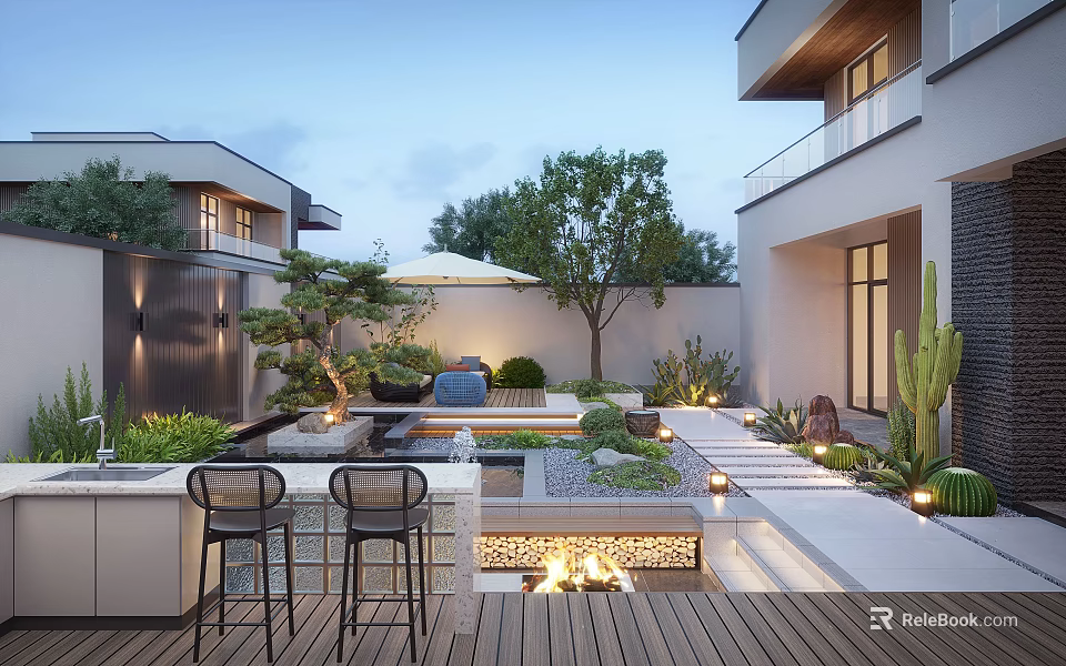 Modern Courtyard Garden Design With Water Feature Wooden Deck Lighting Outdoor Seating And Greenery 3d model 