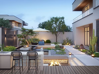 Modern Courtyard Garden Design With Water Feature Wooden Deck Lighting Outdoor Seating And Greenery 3d model