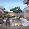 Modern Courtyard Garden Design With Water Feature Wooden Deck Lighting Outdoor Seating And Greenery