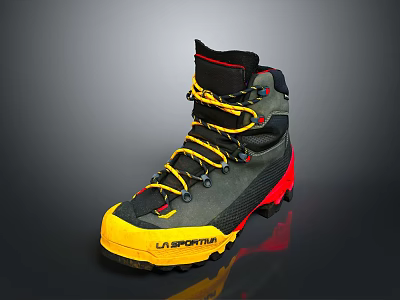 LA SPORTIVA Mountaineering Boots With Yellow Laces Red Sole And Black Upper For Outdoor Use 3d model