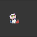 Cartoon Character With Cat Ears Green Hair Holding Blue Card Red Symbol On Wooden Table