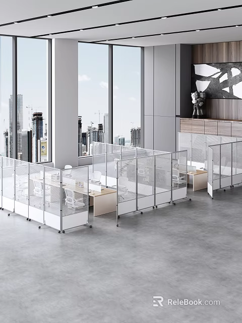 Modern Office Interior Design With Glass Partitions Open Workstations And Large City View Windows 3d model 
