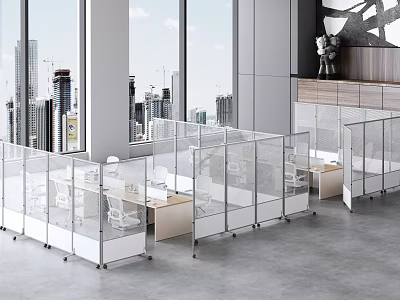Modern Office Interior Design With Glass Partitions Open Workstations And Large City View Windows 3d model