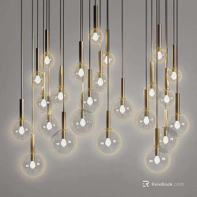 Modern Multiple Hanging Pendant Lights with Brass Frame Transparent Glass Shades and Illuminated Bulbs 3d model 