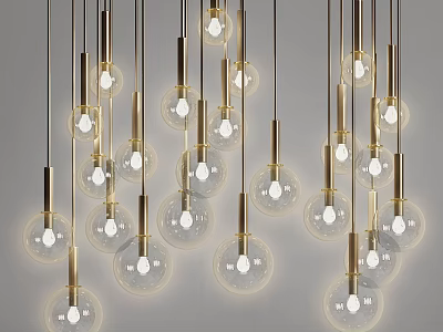 Modern Multiple Hanging Pendant Lights with Brass Frame Transparent Glass Shades and Illuminated Bulbs 3d model