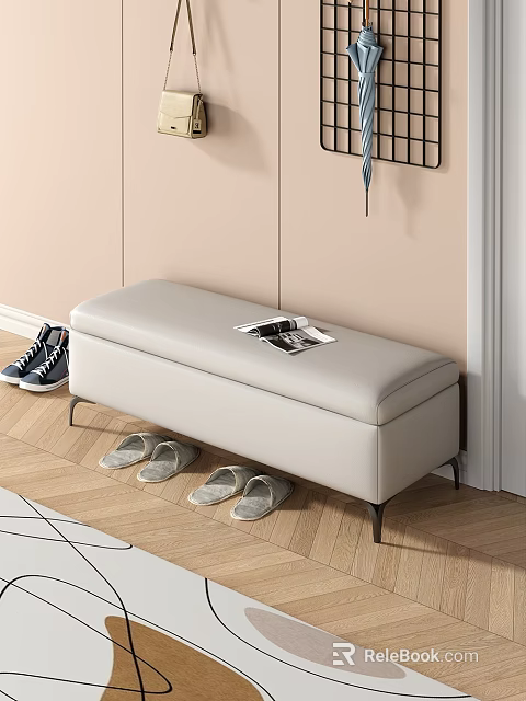 Light Gray Leather Storage Bed Bench With Shoes And Magazine On Wooden Floor 3d model 
