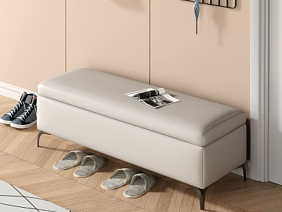 Light Gray Leather Storage Bed Bench With Shoes And Magazine On Wooden Floor 3d model