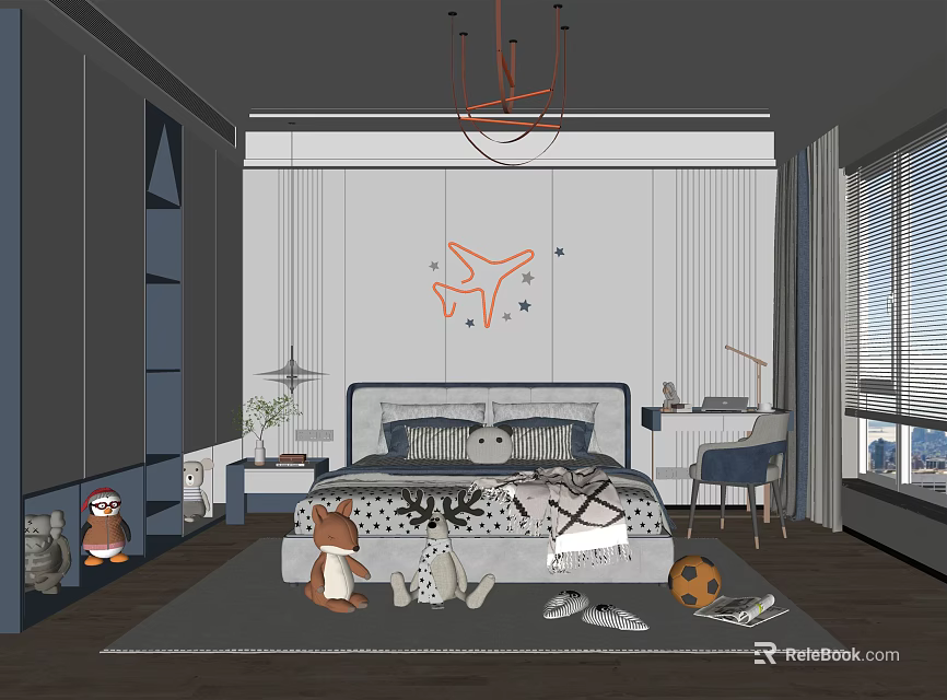 Modern Kids Room Interior Design With Airplane Wall Decor Bed Desk And Toys 3d model 