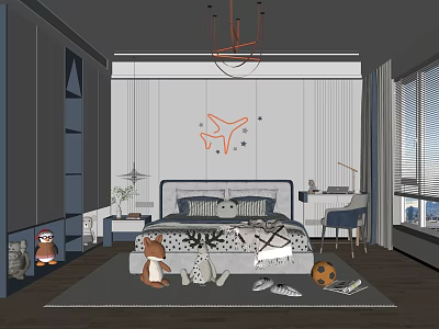 Modern Kids Room Interior Design With Airplane Wall Decor Bed Desk And Toys 3d model