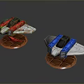 Two Colorful Sci Fi Spaceship Models With Red Blue Bodies And Transparent Bases