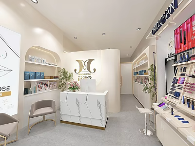 Elegant Modern Beauty Hair Salon Interior With Marble Reception Desk Cosmetic Displays And Green Plants 3d model