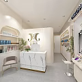 Elegant Modern Beauty Hair Salon Interior With Marble Reception Desk Cosmetic Displays And Green Plants