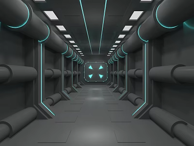 Modern Elevator Corridor With Gray Pipes Blue Lighting Geometric Flooring And Symmetric Layout 3d model