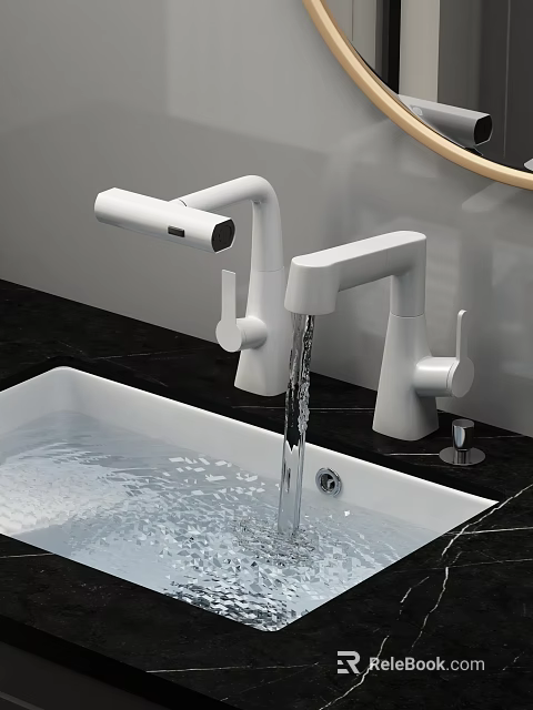 Modern Bathroom Faucet with Water Flowing from White Sink on Black Countertop and Sleek Design 3d model 