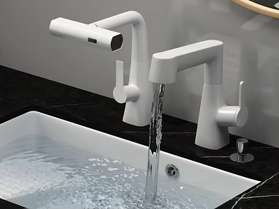 Modern Bathroom Faucet with Water Flowing from White Sink on Black Countertop and Sleek Design 3d model