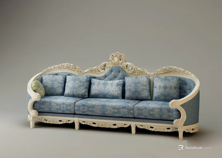 Classic Three Seater Sofa With Ornate Carved Frame Blue Upholstery And Decorative Pillows 3d model 