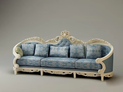 Classic Three Seater Sofa With Ornate Carved Frame Blue Upholstery And Decorative Pillows 3d model