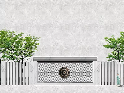 Garden Feature Wall With Gray Grid Design Circular Ornament And Green Plants On Both Sides 3d model