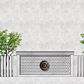 Garden Feature Wall With Gray Grid Design Circular Ornament And Green Plants On Both Sides