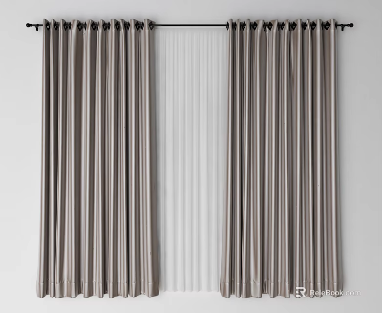 Modern Striped Gray And White Window Curtains With Sheer Layer Design 3d model 