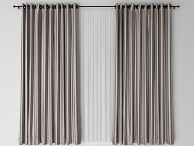 Modern Striped Gray And White Window Curtains With Sheer Layer Design 3d model