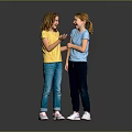 Two Happy Girls Talking And Interacting In Colorful Shirts And Pants On Gray Background