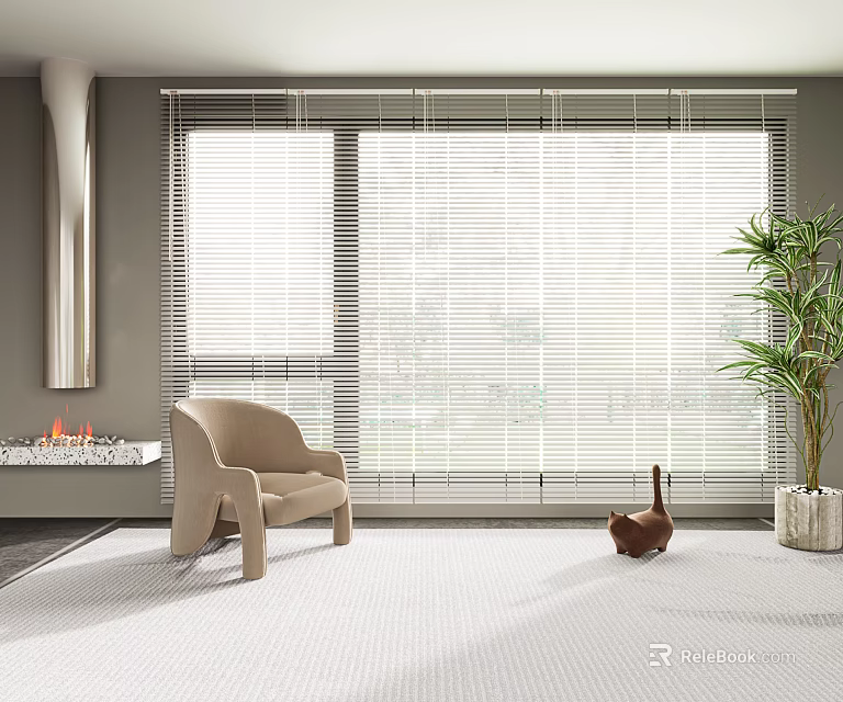 Window Blinds in Cozy Living Room with Gray Walls Fireplace Beige Armchair and Green Plant 3d model 